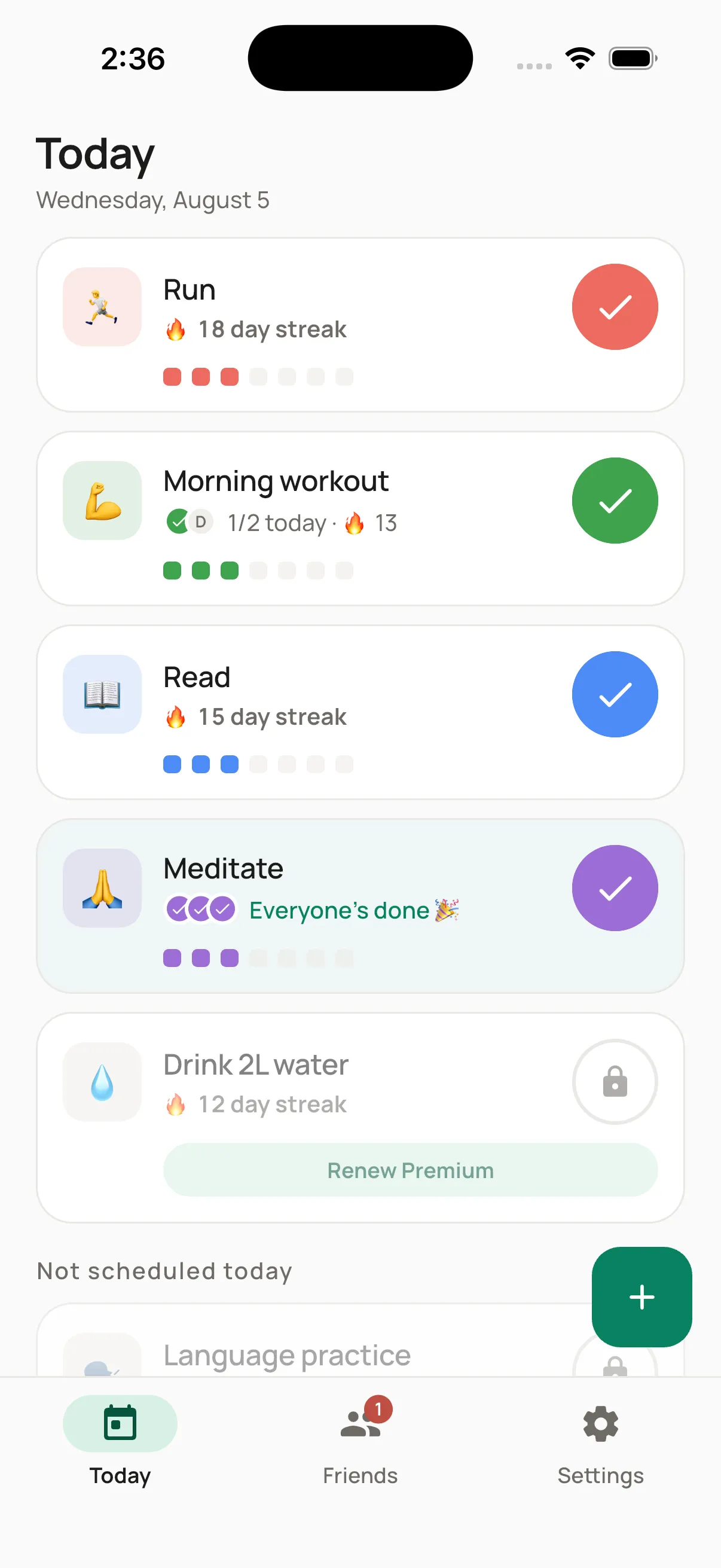Leranis Habits — Bugün ekranı, seriler ve günlük ilerleme
